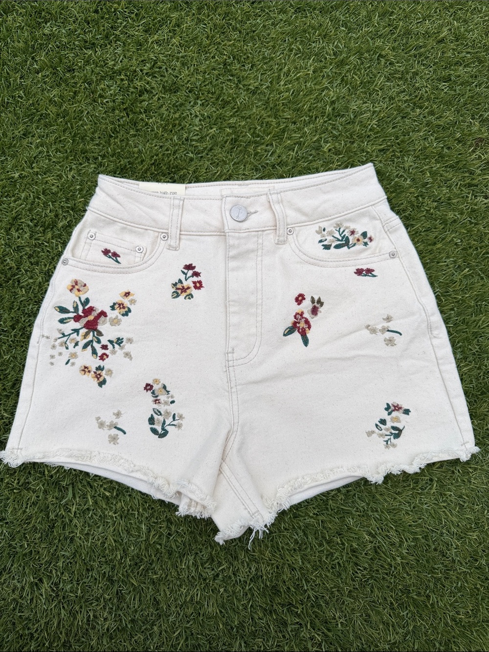 High-Rise White Denim Shorts with Floral Embroidery